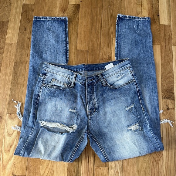 MNML Jeans Mens Size 33 X 32 Blue Skinny Fit Button Fly Distressed. Zipper Ankle - Picture 2 of 5